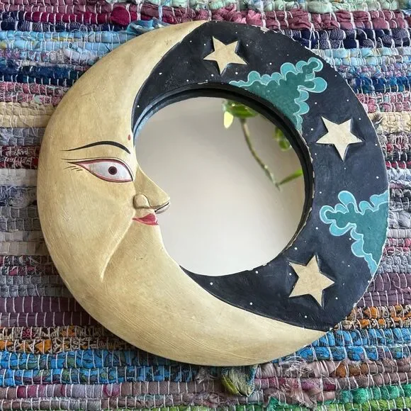 Vintage 90s 11.5" Handcarved Celestial Moon Stars Wall Mirror Indonesia Whimsy - Picture 1 of 16